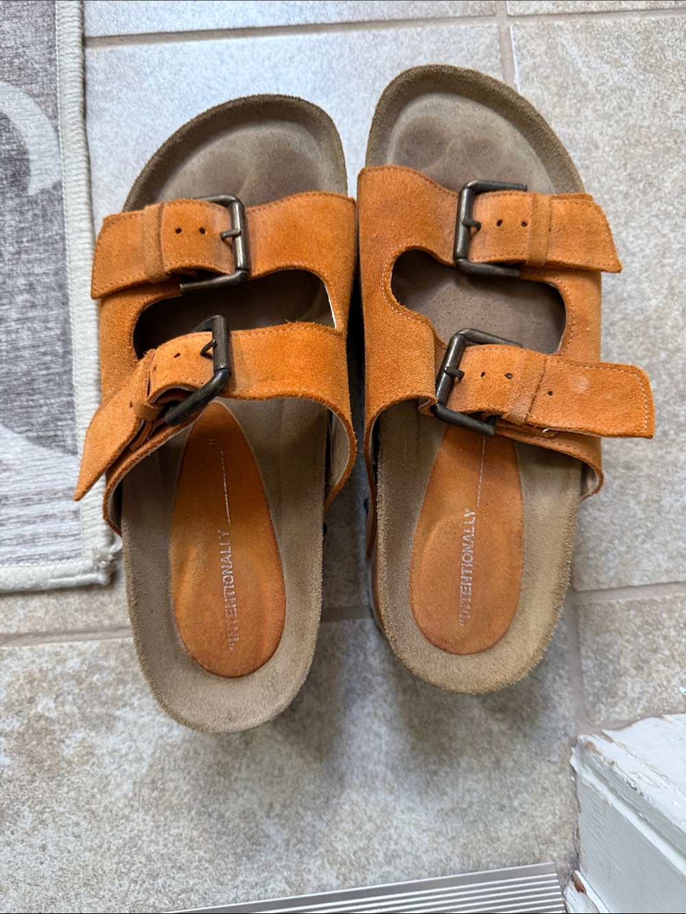INTENTIONALLY BLANK Orange Suede Double Strap Slide Sandals